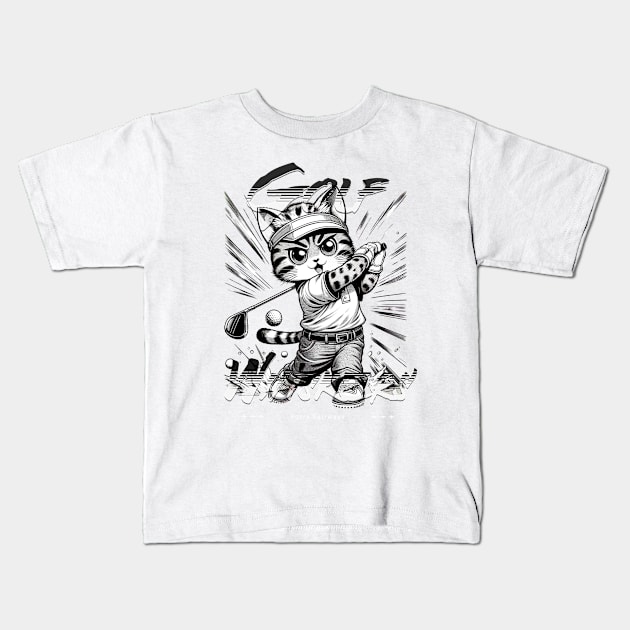 Ulti-Meowt Golf Pro - Whimsical Cat Golfer Kids T-Shirt by Conversion Threads